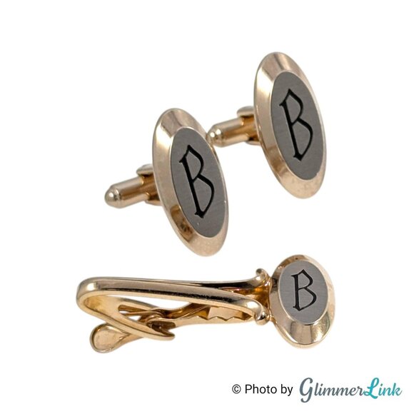Hickok Other - Vintage Hickok USA Monogram B Cufflinks and Tie Bar Jewelry Set Gold Tone Oval